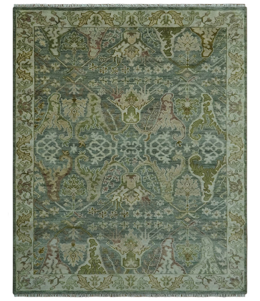 Custom Made Hand Knotted Gray And Green Traditional Oushak Wool Area Rug