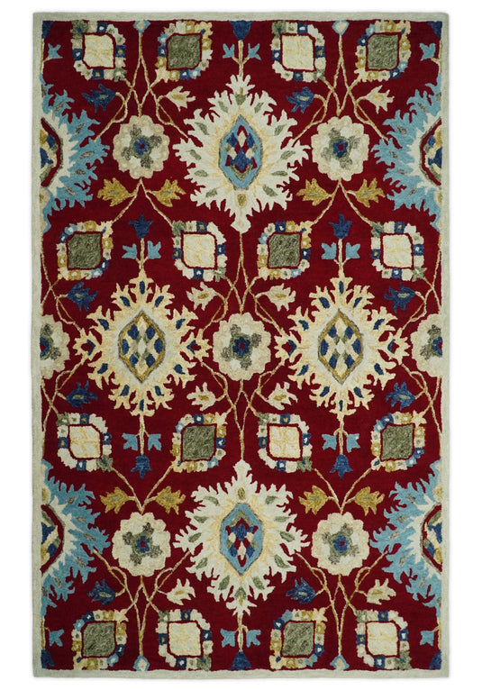 Custom Made Traditional Red, ivory And Blue Floral Hand Tufted Wool Area Rug