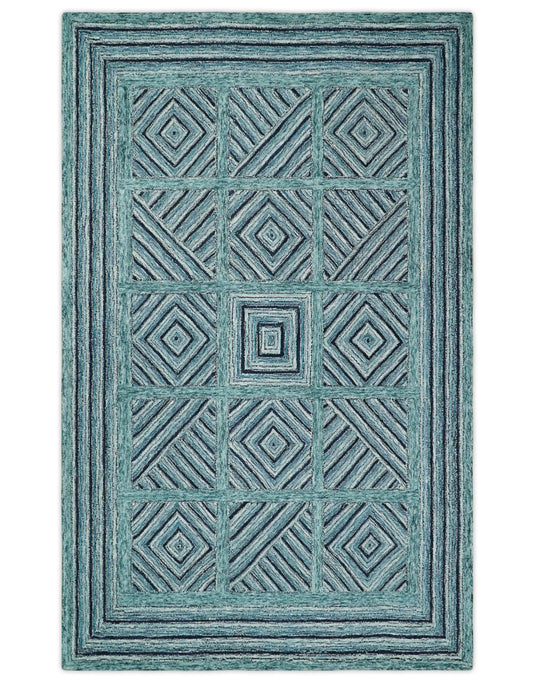 Custom Made Modern Geometric Teal, Charcoal And Ivory Hand Tufted Wool Area Rug