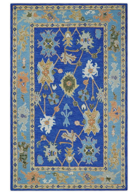 Custom Made Traditional Oushak Blue, Aqua And Camel Hand Tufted  Wool Area Rug