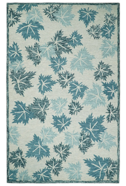 Custom Made Leaves Pattern Teal And Ivory Hand Tufted Wool Area Rug