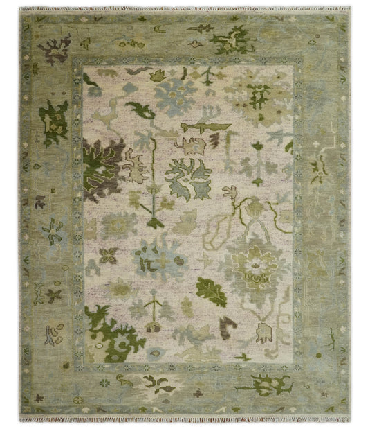 Custom Made Green, Cream, Brown And Beige Floral Oushak Hand Knotted Wool Area Rug