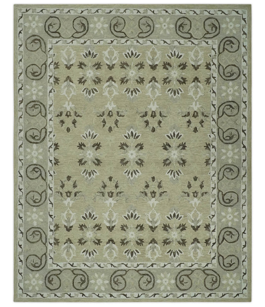 Custom Made Ivory, Beige And Charcoal Traditional Ikat Hand Tufted Wool Area Rug