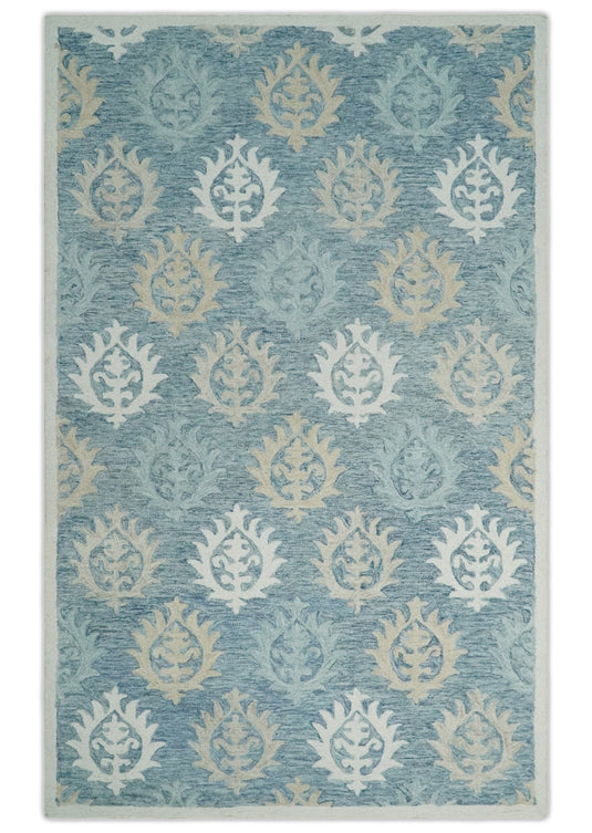 Custom Made Traditional Ikat Pattern Gray, Ivory, Beige And Blue Hand Tufted Wool Area Rug