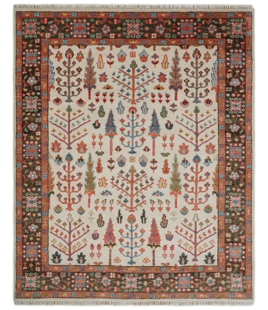 Custom Made Traditional Ivory, Brown And Rust Tree Of Life Hand Knotted Oushak Wool Area Rug