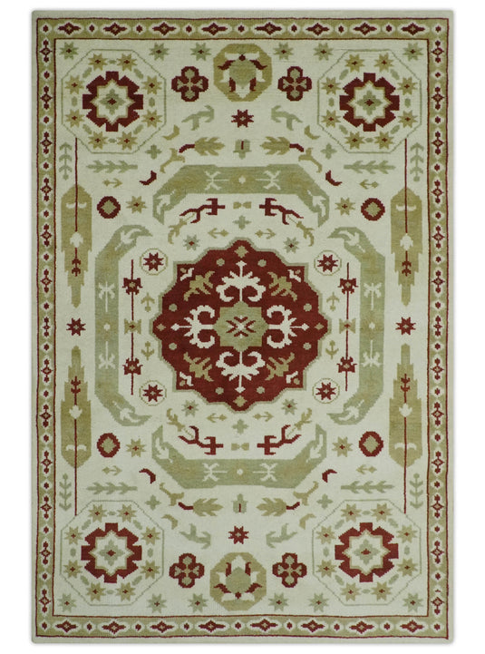 Ivory, Beige And Maroon Traditional Medallion Mamluk Hand Knotted 6x9 ft wool Area Rug