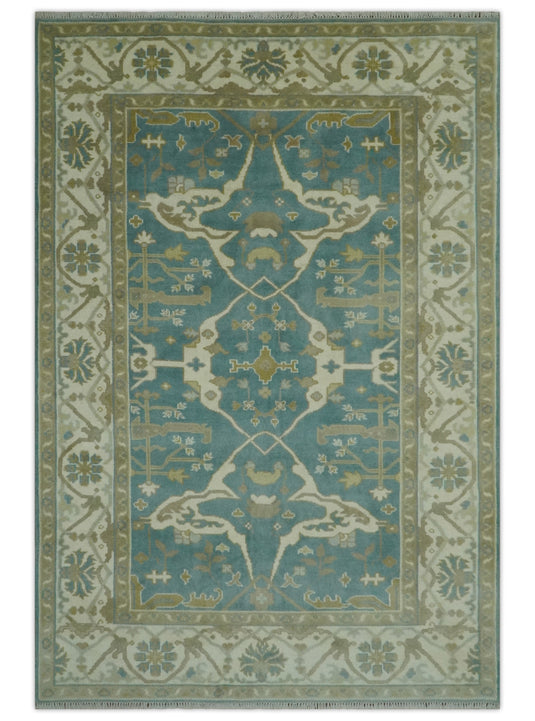 Custom Made Hand Knotted Ivory, Teal,Beige and Camel Oriental Oushak Rug Wool Area Rug