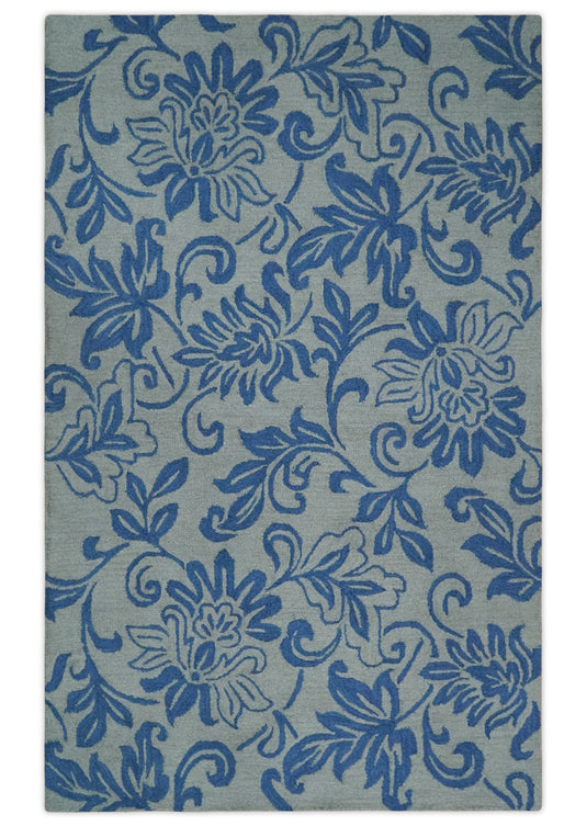 Custom Made Traditional Floral Pattern Gray And Blue Hand Tufted  Wool Area Rug