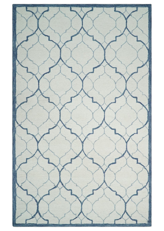 Custom Made Geometrical Trellis Ivory, Blue And Gray Hand Tufted Wool Area Rug