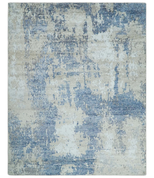 Modern Abstract Blue, Beige And Ivory Hand Knotted 8x10 ft Bedroom, Living Room Rug Bamboo Silk Area Rug