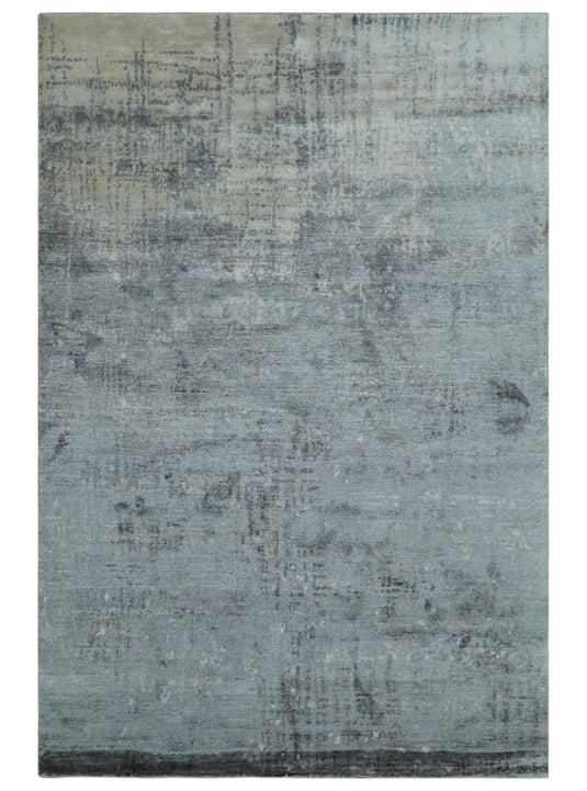 Modern Abstract Gray And Charcoal Hand Knotted 5.9x8.5 ft Bedroom, Living Room Rug Bamboo Silk Area Rug