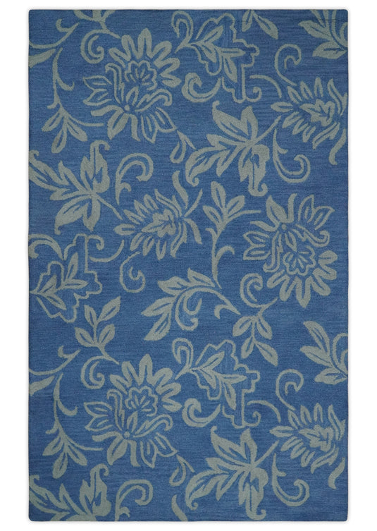 Custom Made Traditional Floral Pattern Blue And Gray Hand Tufted wool Area Rug