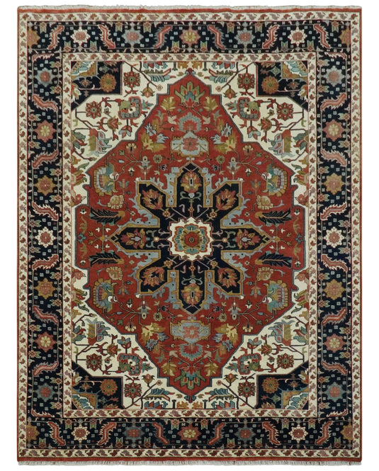 Hand Knotted Black, Ivory, Olive And Rust Traditional Wool Rug 9x12 ft Ideal for Living, Bedroom And Dining Rooms | CP2473912