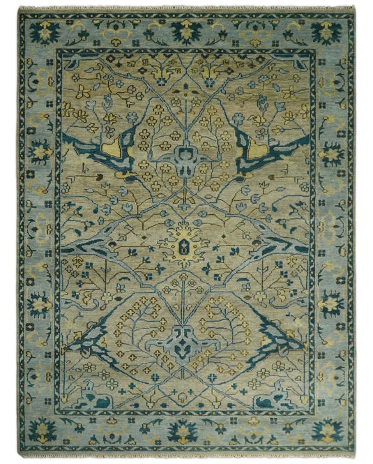 Custom Made Beige, Blue And Gold Oriental Oushak Hand Knotted Wool Area Rug