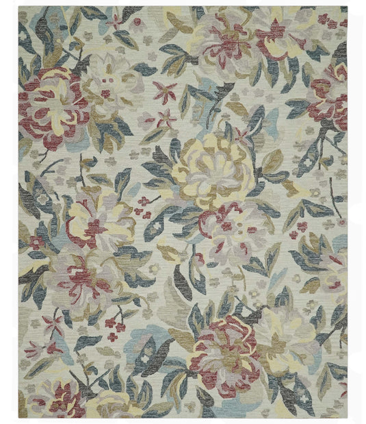 Custom Made Hand Tufted Floral Ivory, Beige, Gray And Rust Rug Wool Area Rug