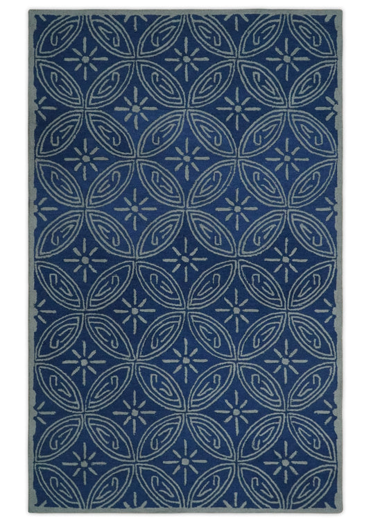 Custom Made Geometrical Pattern Blue And Gray Hand Tufted  Wool Area Rug