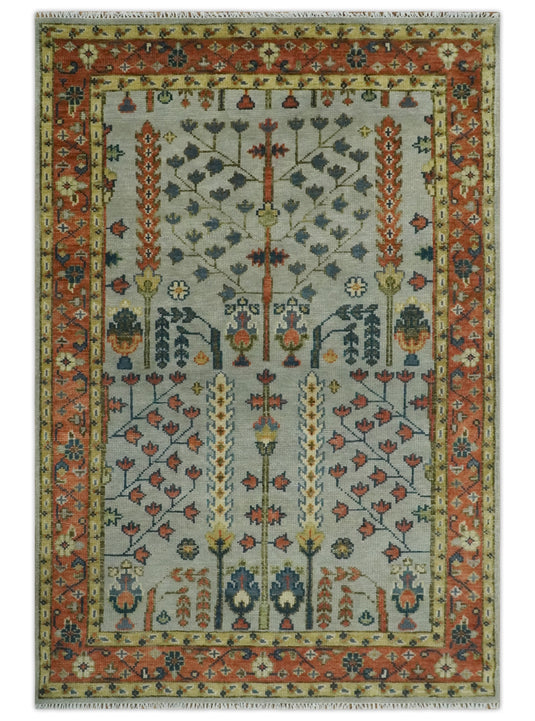 Blue and Rust, Tree of Life Vintage Persian Hand Knotted, Antique Turkish 5x8, 6x9, 8x10, 9x12, 10x14, 12x15 Wool Rug, Living Room | CP204S