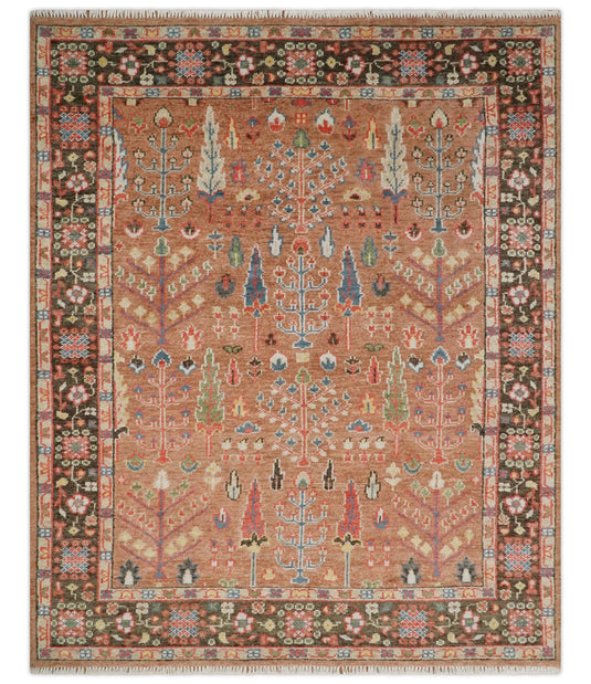 Custom Made Tree Of Life Traditional Brown And Peach Hand Knotted Oushak Wool Area Rug