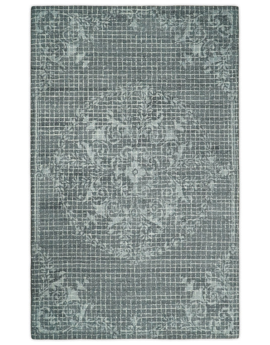 Custom Made Modern Floral Pattern Gray Hand Tufted Wool Area Rug