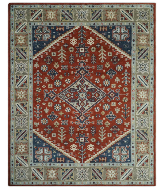 Traditional Pattern Red, Blue, Beige And Ivory Hand Knotted 8x10 ft wool Area Rug