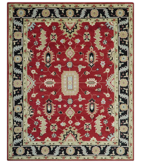 Custom Made Traditional Oriental Red, Black And Beige Hand Knotted Wool Area Rug