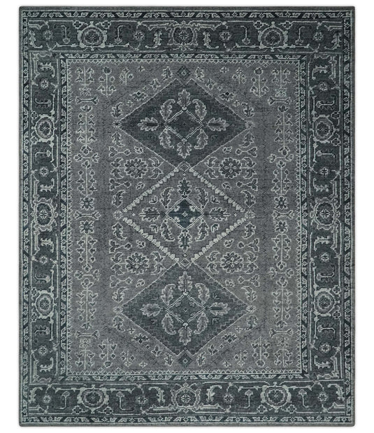 Traditional Antique Pattern Gray And Charcoal Hand Knotted 8x10 ft Bedroom, Living Room Rug Wool Area Rug