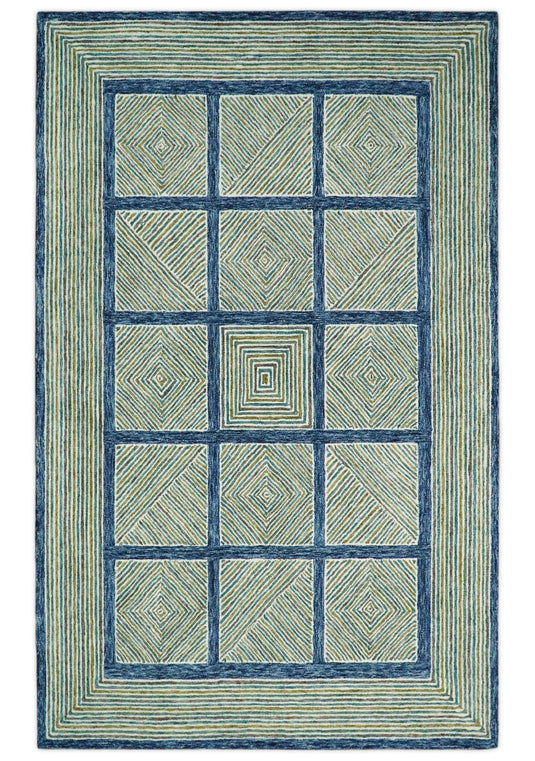 Custom Made Checkerboard Blue, Olive, Gray And Teal Hand Tufted Wool Area Rug