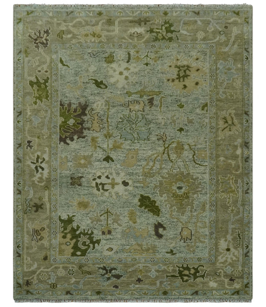 Custom Made Hand Knotted Floral Green And Gray Wool Area Rug