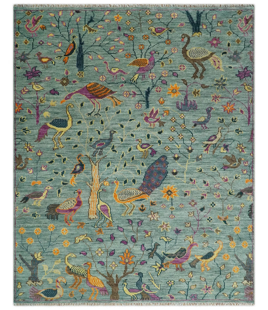 Versatile Green Antique Look Jungle Life Hand-Knotted 8x8 Wool Area Rug Ideal for Living Room, Dinning Room, Kids Room and Bedroom