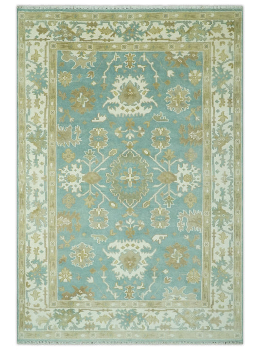 Custom Made Hand Knotted Blue, Green And ivory Oushak Rug Wool Area Rug