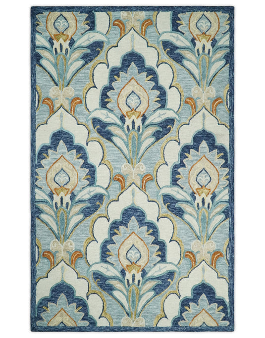 Custom Made Floral Design Gray, Blue, Ivory, Olive And Rust Hand Tufted Wool Area Rug