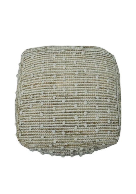 Polka Dots Light Beige And White Jute And Wool Ottoman Footstool, Seat, Foot Rest Living Room, Bedroom