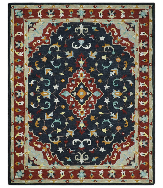 Custom Made Traditional Pattern Black, Beige And Rust Hand Tufted  Wool Area Rug