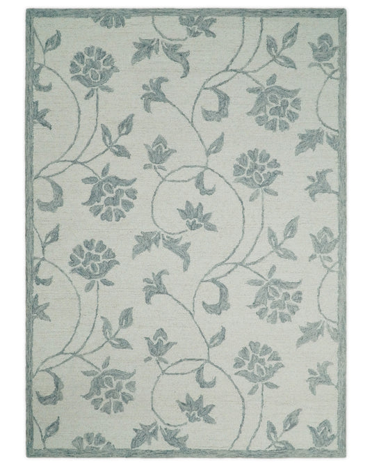 Custom Made Ivory And Gray Floral Hand Tufted Wool Area Rug