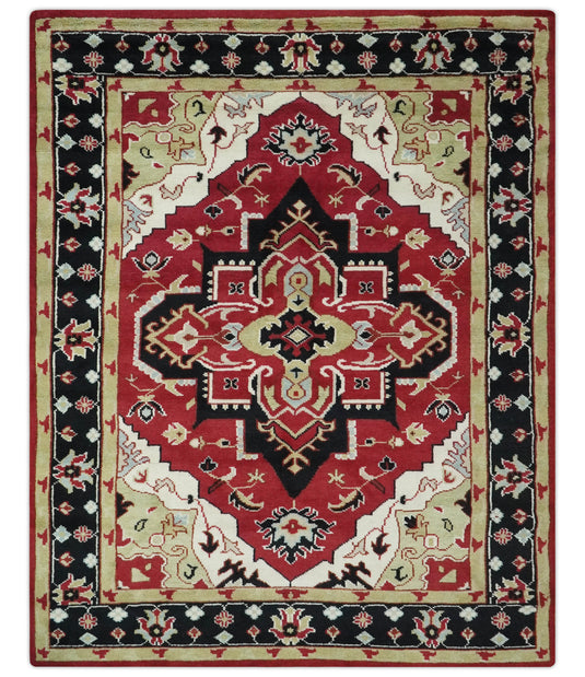 Traditional Pattern Red, Black, Ivory And Beige Hand Knotted 7.8x10 ft wool Area Rug