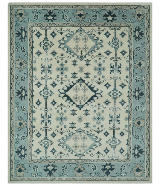 Custom Made Traditional Pattern Ivory, Blue and Dark Teal Hand Knotted wool Area Rug