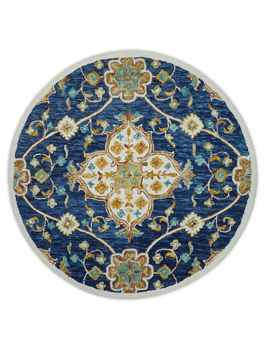 Custom Made Traditional Floral Blue, Gold, Rust, Ivory And Beige Hand Tufted  Wool Area Rug