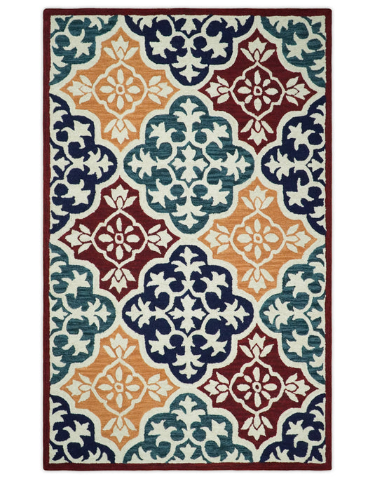 Custom Made Ivory, Maroon, Blue, Teal And Yellow Moroccan Hand Tufted Wool Area Rug