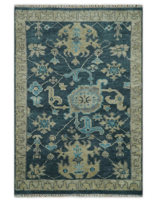 Vintage Antique Hand knotted Oushak Blue and Camel Wool Area Rug, 4X6,5X7, 5x8, 6x9, 8x10, 9x12 and 10x14, Living Room Rug | CP8S