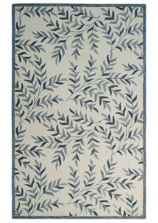 Custom Made Ivory, Gray And Charcoal Leaves Pattern Hand Tufted  Wool Area Rug