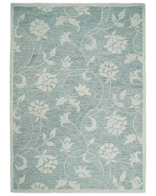 Custom Made Floral Pattern Gray And Ivory Hand Tufted Wool Area Rug