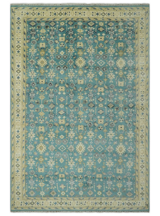 Custom Made Hand Knotted Herati Pattern Rug Teal, Beige and Blue Wool Area Rug