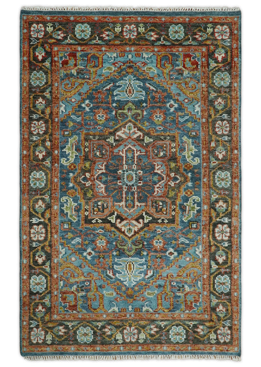 Blue, Charcoal, Rust And Green Heriz Serapi Hand Knotted 5x8 ft Wool Rug, Living Room | CP191