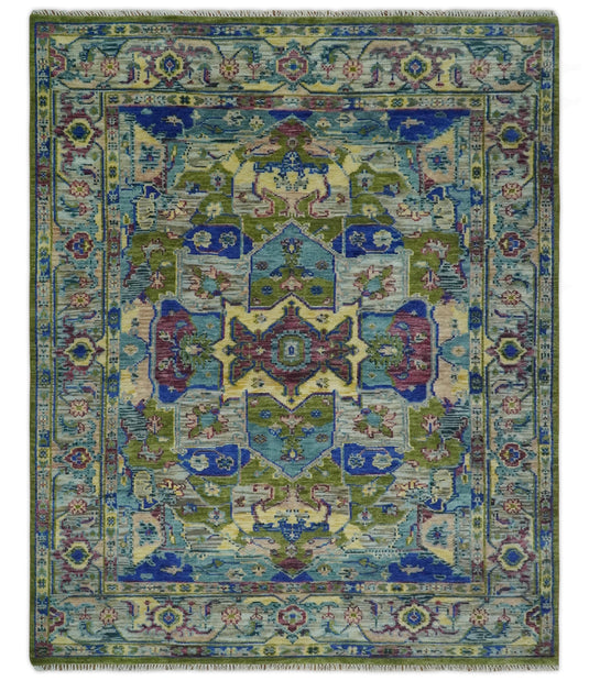 HandKnotted Heriz Serapi Rug Green and Blue Ideal for Living, Bedroom, and Dining Room 5x8, 6x9, 8x10, 9x12 and 10x14 Wool Rug