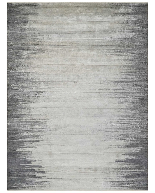 Abstract Gray And Charcoal Hand Knotted 9x12 ft Bedroom, Living Room Rug Wool And Bamboo Silk Area Rug