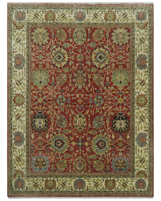 Custom Made Hand Knotted Maroon, Olive, Beige And Ivory Herati Wool Area Rug