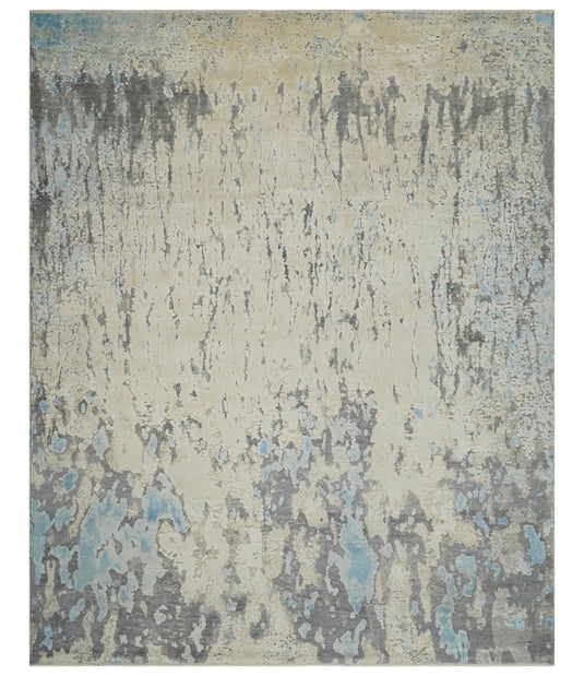 Abstract Pattern Blue, Beige And Charcoal Hand Carved 8x10 ft Bedroom, Living Room Rug Art Silk Area Rug