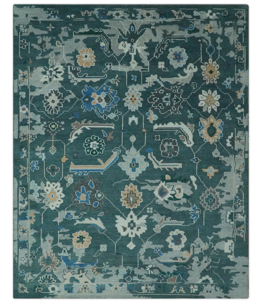 Custom Made Traditional Oushak Pattern Dark Teal, Blue And Beige Hand Knotted Wool Area Rug