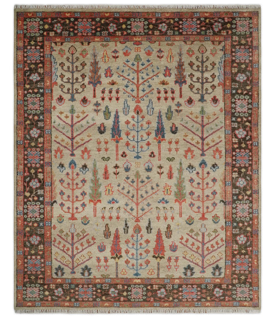 Custom Made Traditional Light Beige, Brown, Olive And Rust Tree Of Life Hand Knotted Oushak Wool Area Rug