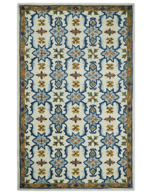 Custom Made Moroccan Trellis Ivory, Blue And Brown Hand Tufted Wool Area Rug